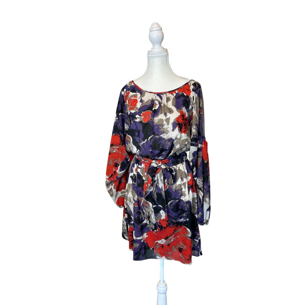 Nine West | Bold Floral Long Sleeve Belted Short Dress | 8